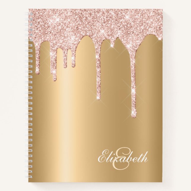 Cuaderno Oro satinado - Purpurina rosado goteo monogramado (Anverso)