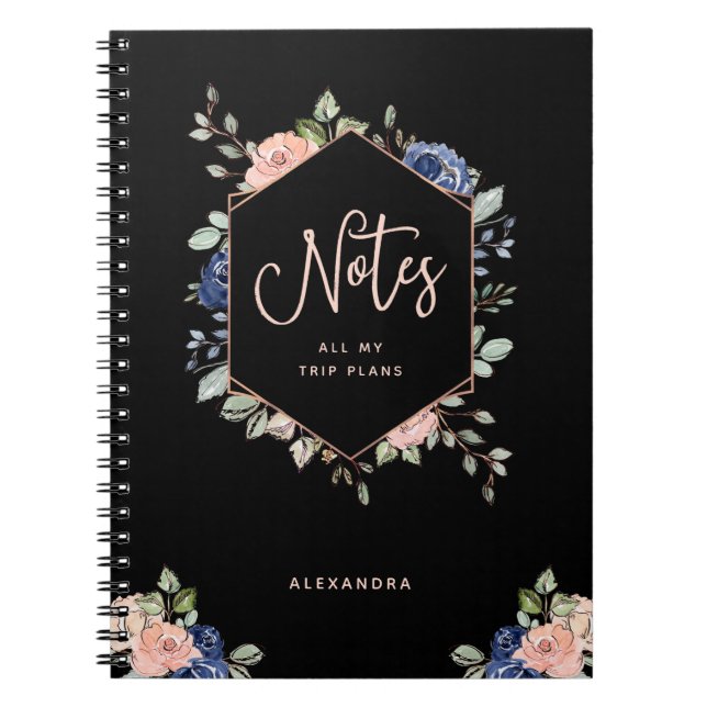 Cuaderno Oro subió el | floral negro geométrico (Frente)