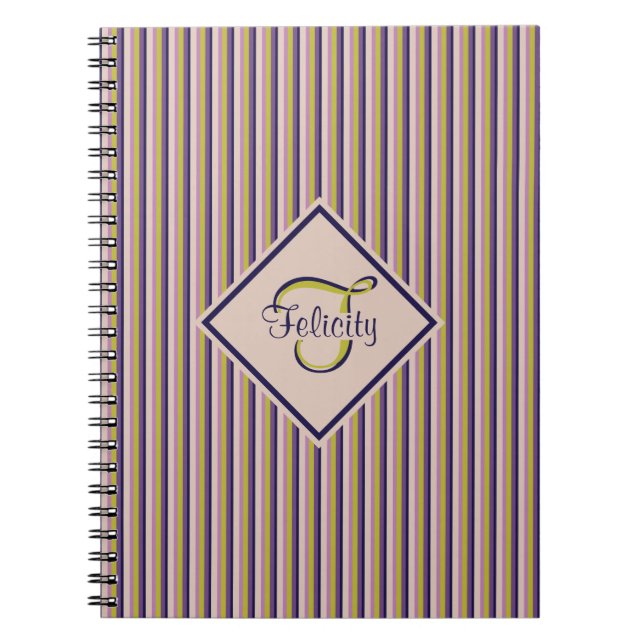 Cuaderno Oro, violeta, púrpura y rayas rosadas Monograma (Frente)