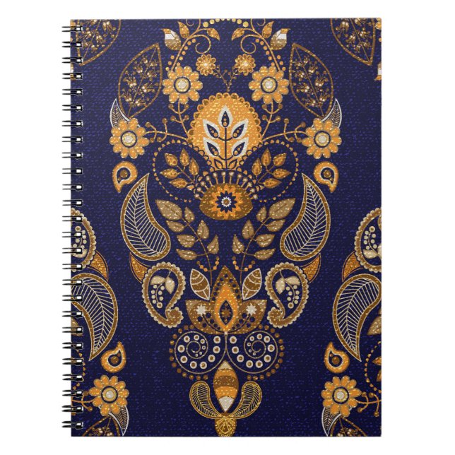 Cuaderno Oro y azul, floral sin costuras. (Frente)