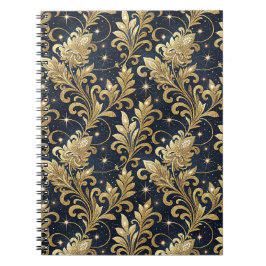 Cuaderno Oro y negro patrón floral de damasco regio lujoso