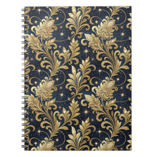 Cuaderno Oro y negro patrón floral de damasco regio lujoso