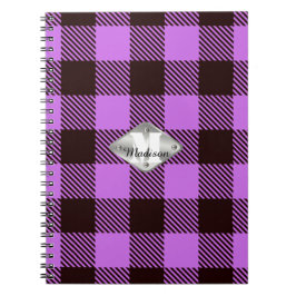 Cuaderno Orquídea Black Tartan Metallic Monograma Nombre de