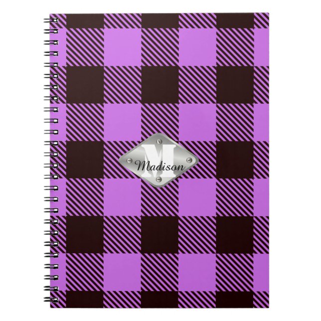 Cuaderno Orquídea Black Tartan Metallic Monograma Nombre de (Frente)