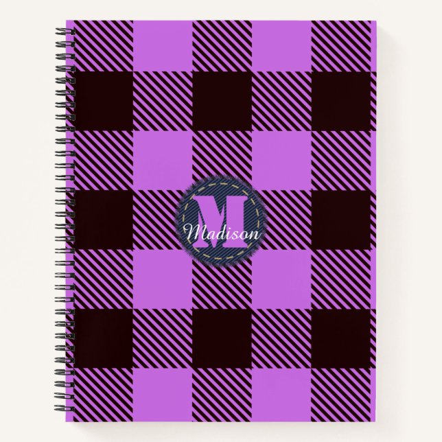 Cuaderno Orquídea moderna Tartán negro Jeans Monograma Nomb (Anverso)
