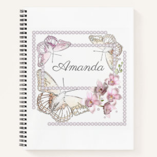 Cuaderno Orquídea rosa, diamantes de imitación, mariposa, d