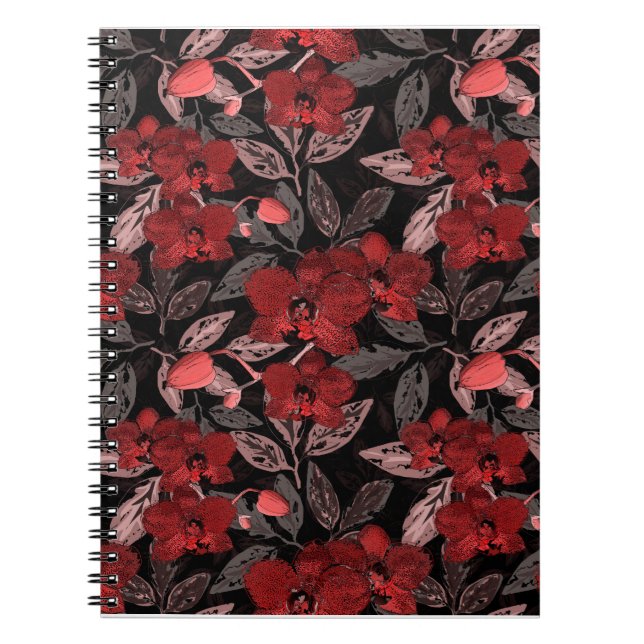 Cuaderno orquídeas rojas sobre negro. (Frente)