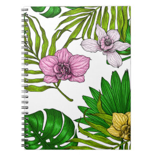 Cuaderno Orquídeas y hojas de palma, rosas, amarillas, verd
