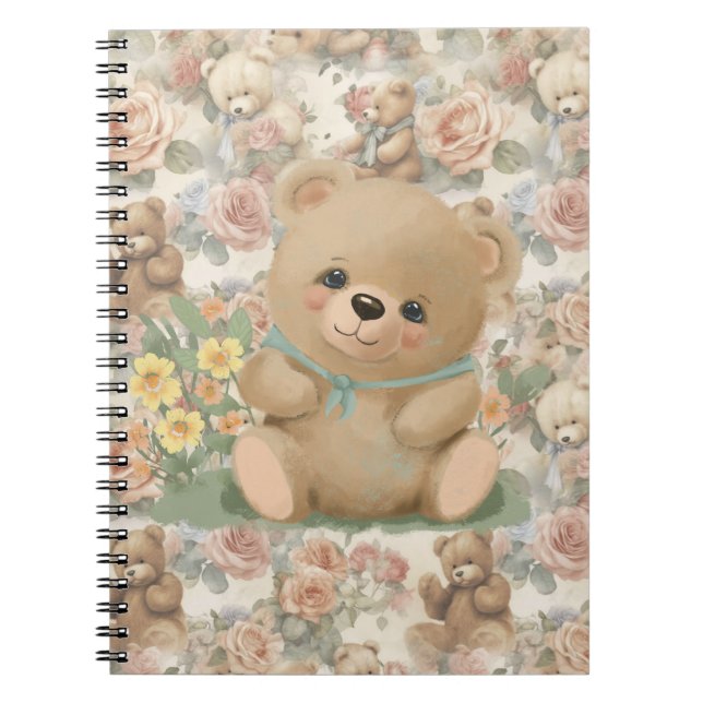 Cuaderno osito de peluche lindo con flores (Frente)