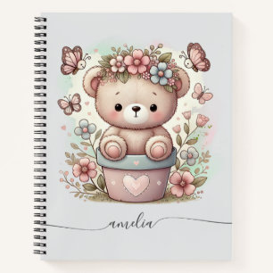 Cuaderno Osito de peluche lindo y nombre personalizado flor