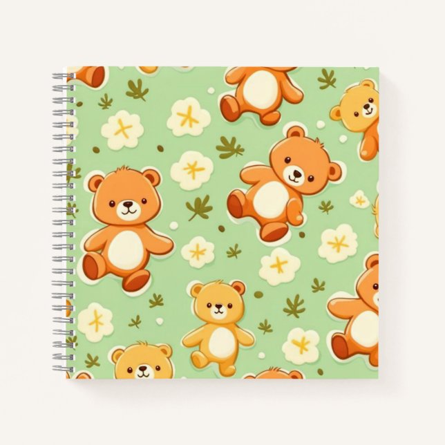 Cuaderno Ositos de peluche y hojas patrón verde (Anverso)