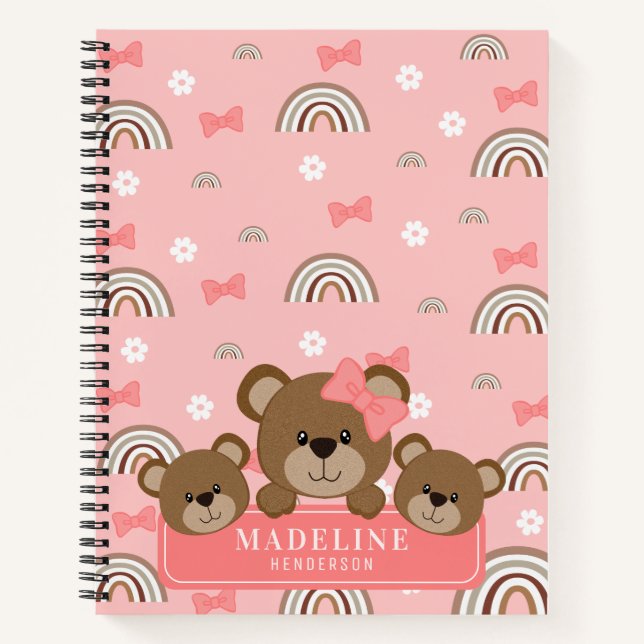 Cuaderno Oso Boho Arcoíris Rosa Lindo Femenino (Anverso)
