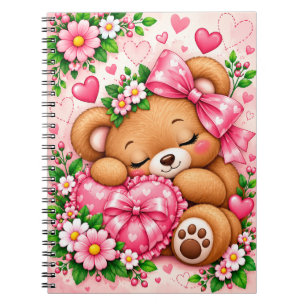 Cuaderno Oso de peluche adorable con lazo rosa y corazones 