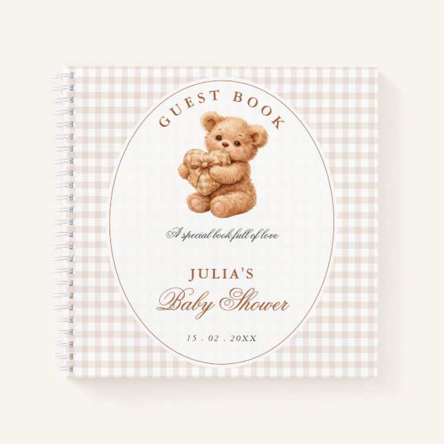 Cuaderno Oso de peluche de gingham marrón, papel de baby sh (Anverso)