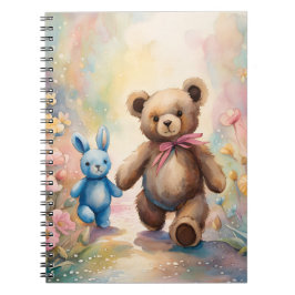 Cuaderno Oso de peluche y conejito en un jardín pastel