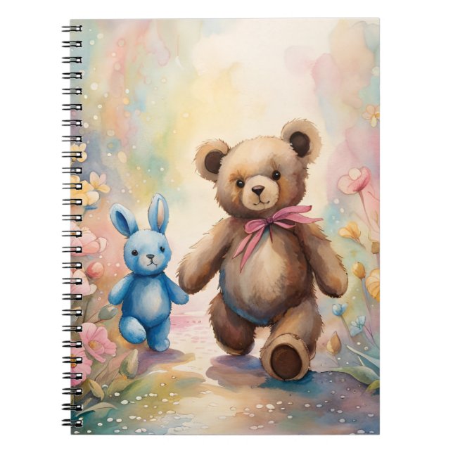 Cuaderno Oso de peluche y conejito en un jardín pastel (Frente)