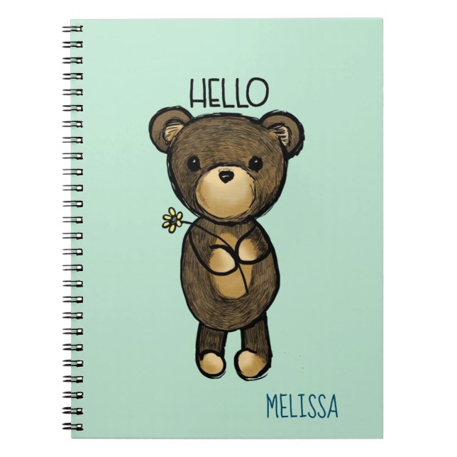 Cuaderno Oso marrón lindo con flor amarilla Hola (Frente)