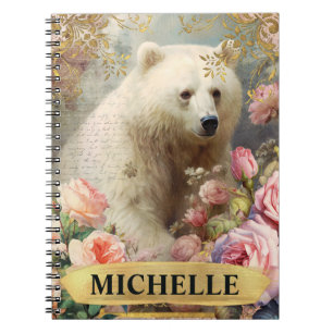 Cuaderno Oso Polar Vintage de color de agua y rosas rosadas