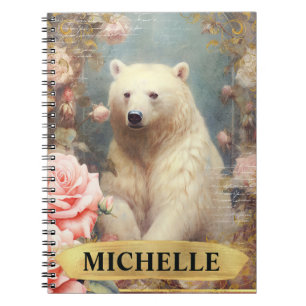 Cuaderno Oso Polar Vintage de color de agua y rosas rosadas