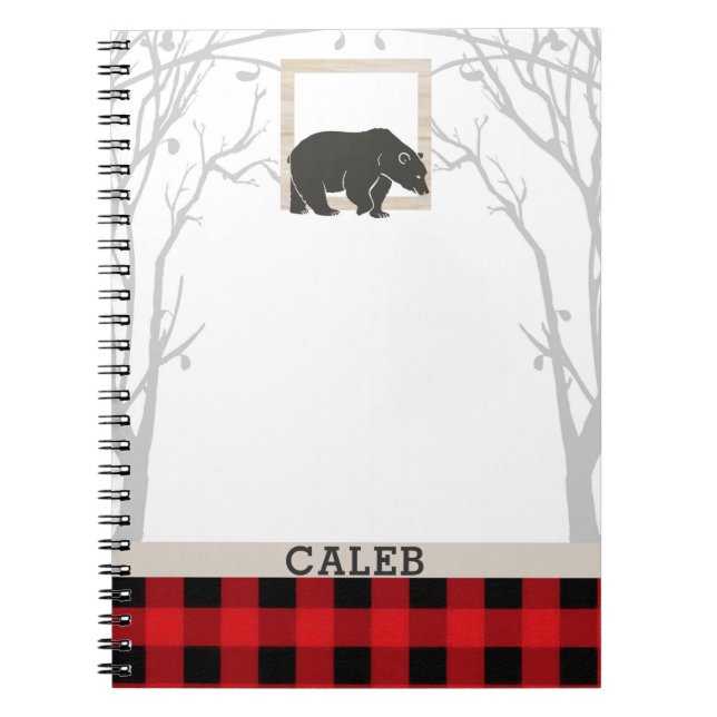 Cuaderno Oso Rústico y Cuadros Rojos Cuadriculados Bosques  (Frente)