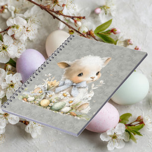 Cuaderno ovejas lindas en una pradera con flores y huevo de