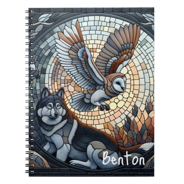 Cuaderno Owl y Wolf Mosaic Ai Art Personalizados (Frente)