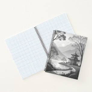 Cuaderno Pabellón japonés monocromo junto al camino del lag