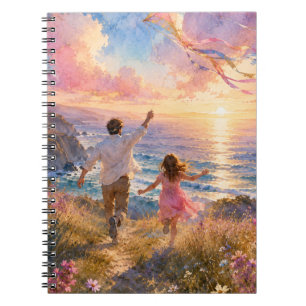 Cuaderno Padre e hija volando una cometa por acantilados de