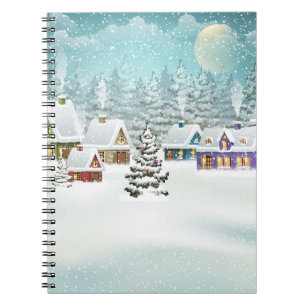 Cuaderno Paisaje de invierno de aldea con casas cubiertas d