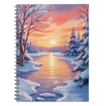 Paisaje del atardecer del río de invierno Aquarela