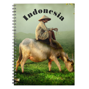 Cuaderno Paisaje escénico de Indonesia con búfalo y granjer