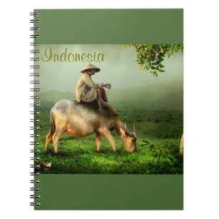 Cuaderno Paisaje escénico de Indonesia con búfalo y granjer