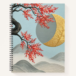 Cuaderno Paisaje minimalista japonés de flor de cerezo y lu