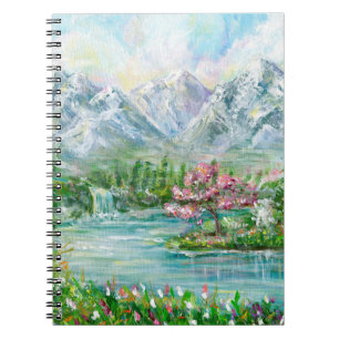 Cuaderno Paisaje montañoso de primavera. Mano acrílica orig