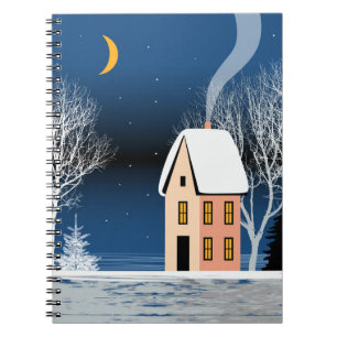 Cuaderno Paisaje nocturno de invierno. Casa acogedora, arbo