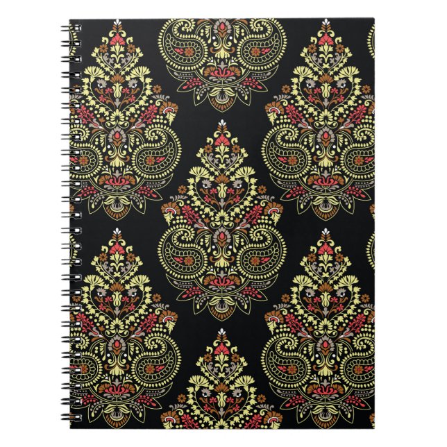 Cuaderno Paisley indio, fondo geométrico negro (Frente)