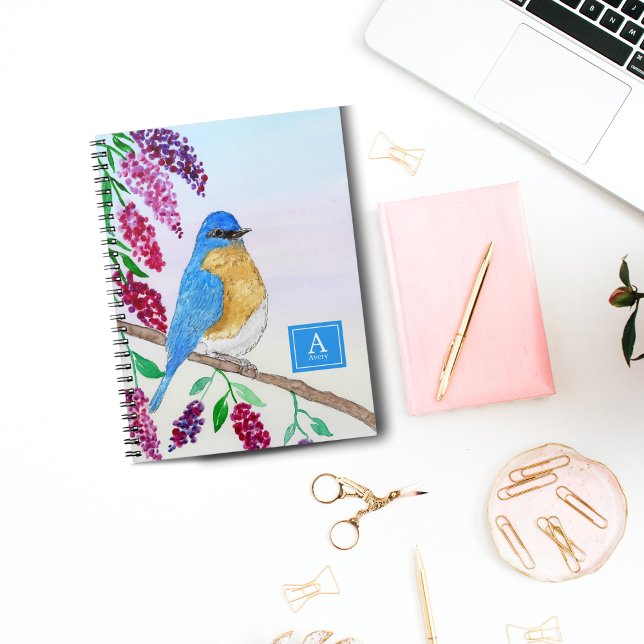 Cuaderno Pájaro azul acuático en monograma de árbol de glic (Subido por el creador)