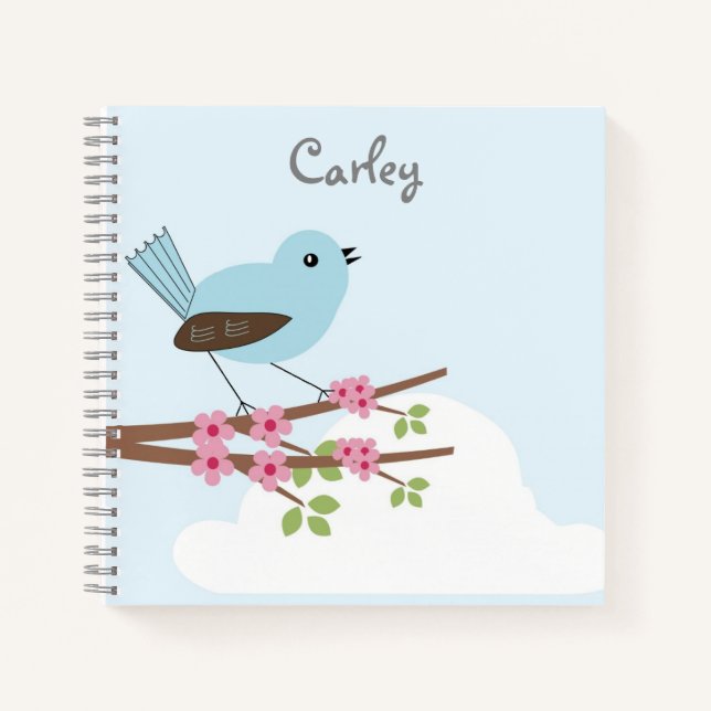 Cuaderno Pájaro azul en árbol de flores personalizado (Anverso)
