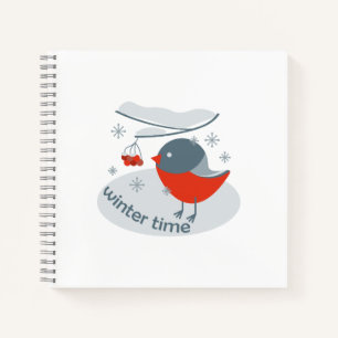 Cuaderno Pájaro bullfinch de invierno y bayas rojas