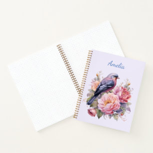 Cuaderno Pájaro Cantando sobre Peonías Rosadas