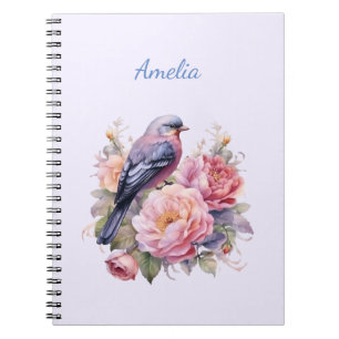 Cuaderno Pájaro Cantando sobre Peonías Rosadas