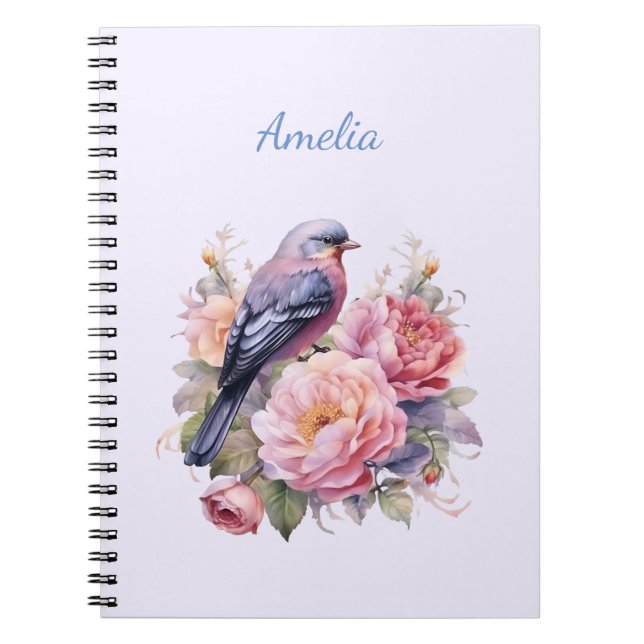 Cuaderno Pájaro Cantando sobre Peonías Rosadas (Frente)