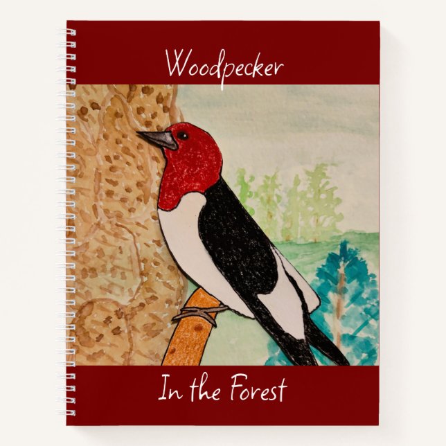 Cuaderno Pájaro carpintero en el bosque rojo profundo (Anverso)