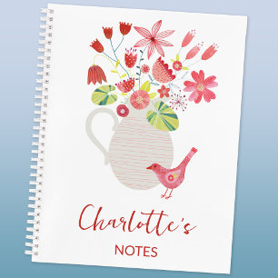 Cuaderno Pájaro con Jarra de Flores Nombre Personalizado