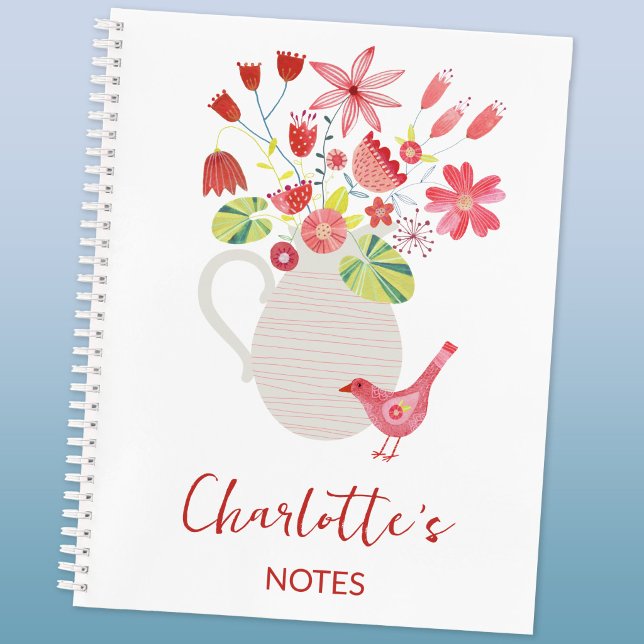 Cuaderno Pájaro con Jarra de Flores Nombre Personalizado (Bird with a jug of flowers watercolor art personalized custom name text notebook)