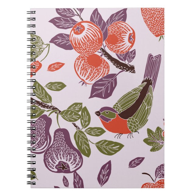 Cuaderno pájaro en un jardín de frutas. patrón transparente (Frente)