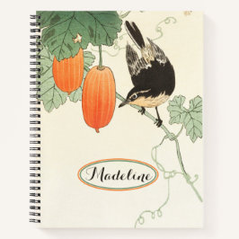 Cuaderno Pájaro impreso en bloque japonés y fruta Naranja
