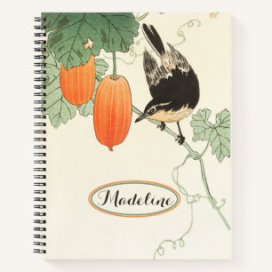 Cuaderno Pájaro impreso en bloque japonés y fruta Naranja