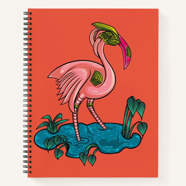 Cuaderno Pájaro mecánico, flamingo rosado Mecha Robot (Anverso)