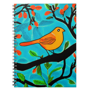 Cuaderno Pájaro pequeño Naranja en una rama florida